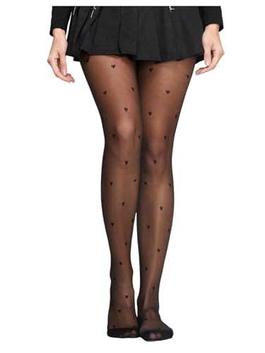 OYOANGLE Women's Heart Print Pantyhose Sheer Mesh High Waist Tights Y2K Thigh High Stockings