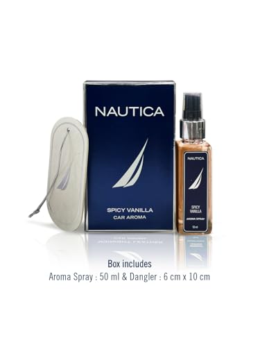 Image of NAUTICA Luxury Car Fragrance Spray with Hanging Tag Card | Spicy Vanilla | 50ml premium Car Air Freshener | 300+ Sprays | Long Lasting Car Freshener | Car Odour Remover