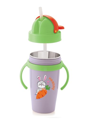 Image of Nabhya Inner Stainless Steel & Outer Plastic 360ml BPA-Free Cute Animal Design Baby Sipper Kids Water Bottle with Straw and Side Handle for Kids (Purplee)