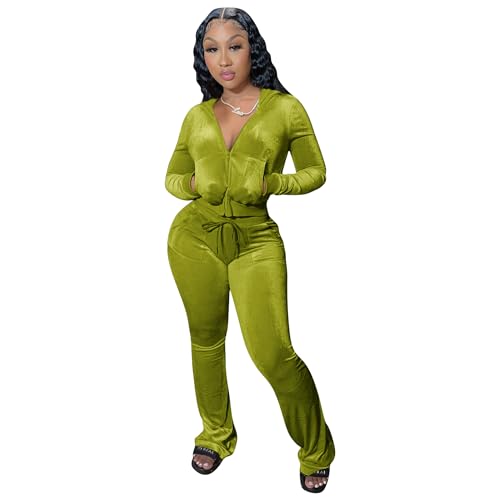 yidengymx Womens 2 Piece Velour Tracksuit Two Piece Outfits for Women Long Sleeve Zip Up Crop Tops Sweatpants Sets Pockets X-Small Hoodie/Wide Leg Pants-grass Green