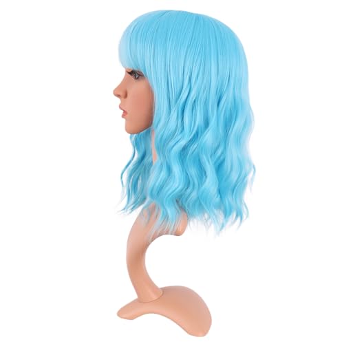 Image of MapofBeauty 14 Inch /35 cm Short Wavy Curly Women Fresh Bright Synthetic Ordinary Flat Bangs Bob Wig (Sky Blue)
