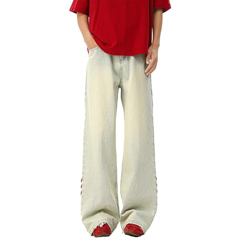 Y2K Baggy Jeans for Men Red Striped Straight-Leg Wide-Leg Casual Fashion Retro Grunge Pants Streetwear Fall Clothes