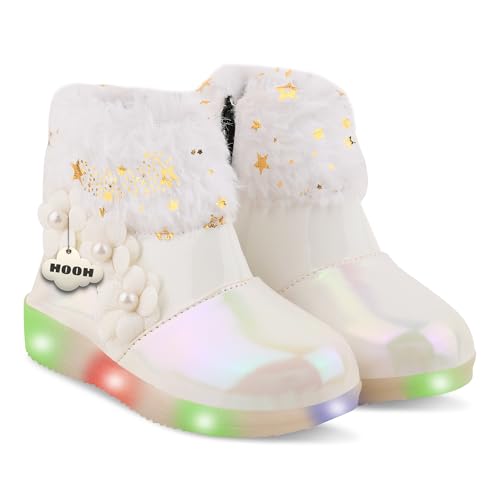 Image of Hooh Kids Girls LED Light Up Shoes Cum Boots with Faux Fur Trim and Flower Applique for 0 Months to 12 Years (for Greater Than 5 Years Age vs Size Chart in Images)