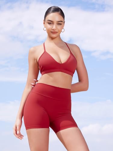 Image of YEOREO CoreFlex Sports Bras for Women Strappy Padded Halter Open Back Light Impact Deep V Neck Yoga Workout Gym Tops
