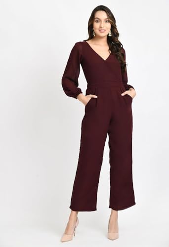 Image of V&M Women's Black V-Neck Jumpsuit | Full Sleeve Straight-Leg One-Piece with Side Pockets | Elegant Western for Office, Party & Evening Outfits