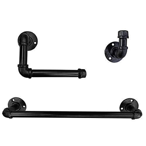 3-Piece Industrial Pipe Bathroom Hardware Set Black Wall Mount Bath Fixture 16 Inch