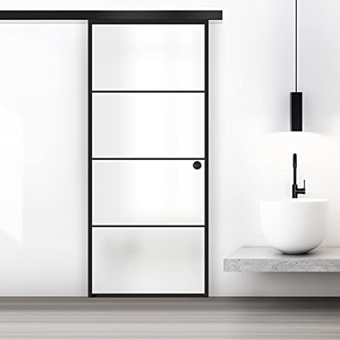 BOSS Black Sliding Glass Door for Interior Model Park 80x215 cm (Available 60/80/90 cm) 8 mm, Satin Safety Glass, Black Nano Coated, Complete Hardware kit, Hanging Rail Track (80x215 cm, Left) Cover