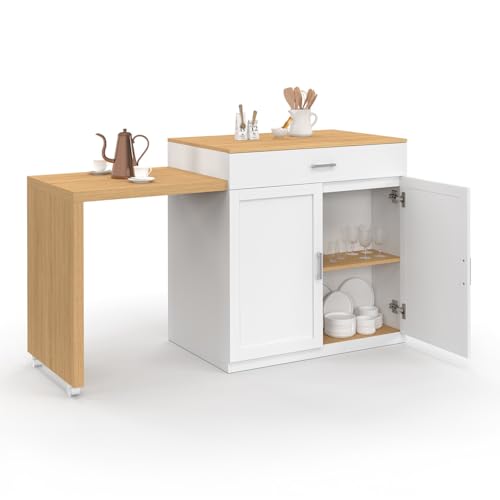 IDMarket - Ilot Central VITO 94-155 cm Bois Blanc avec Table à Manger Extensible intégrée façon hêtre