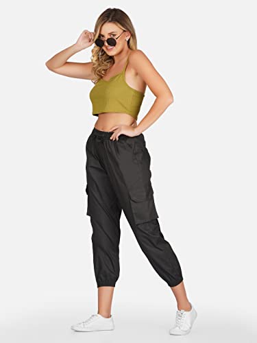 Image of fabcoast Multi-Pocket Cargo Cotton Poplin Jogger Pants for Women Summer Wear Full Elastic with Drawstring and 2 Side Pockets, 2 Back Pockets and 2 Leg Pockets