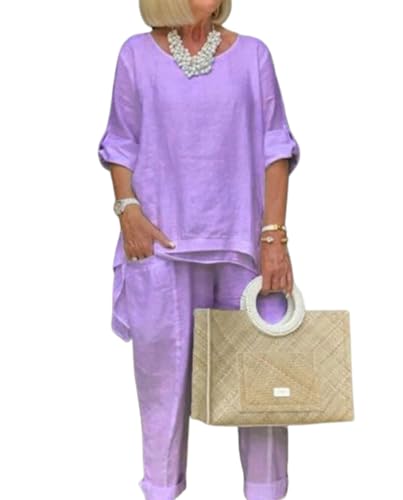 Women Purple Linen 2 Piece Pants Suit for Women Dressy Cotton Linen Sets Outfits Long Sleeve Shirts Wide Leg Trousers
