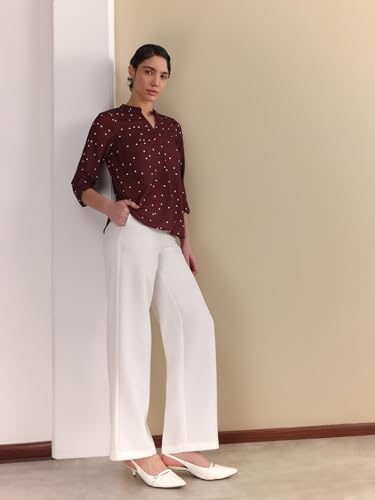 Image of FableStreet Women Shirt Work & Casual | Relaxed Fit Mandarin V-Neck Three-Quarter Sleeves Solid Pattern | Breathable Woven Fabric for Office & Everyday Wear