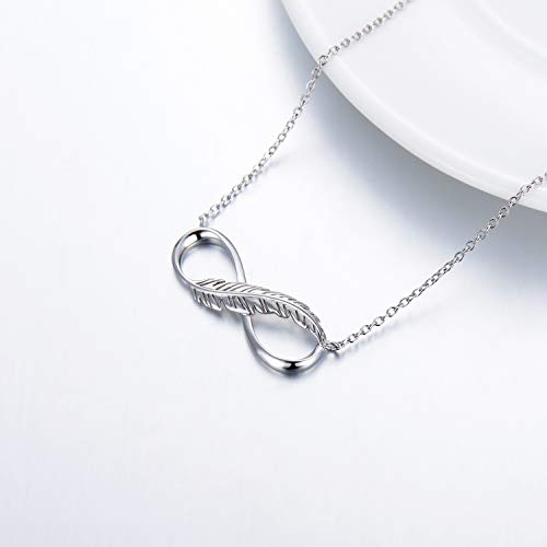 Infinity Feather Necklace 925 Sterling Silver Necklace for Women, 18”+2”3