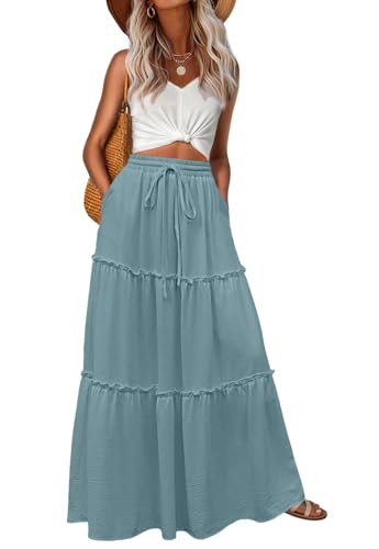 Image of Lepunuo Womens Casual Boho High Waisted Flowy Maxi Skirts Tiered Floral Long Skirts with Pockets for Summer Beach Vacation
