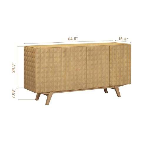 Image of Sapa Mid-Century Modern Solid Wood Sideboard - 4-Door Accent Buffet Cabinet with Carved Geometric Fronts, for Living Room, or Entryway, Effortless Assembly, Sand
