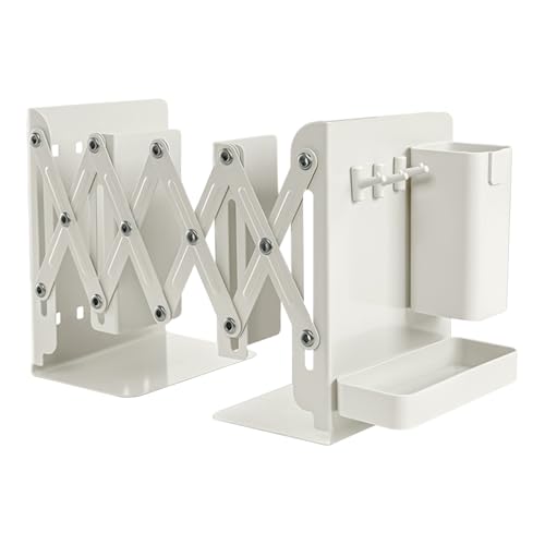 Reggilibri Regolabili, Reggilibri Con Un Portapenne un Contenitore e 3 Ganci, Fermalibri in Metallo Antiscivolo per Libri, Scrivania,Scuola, Riviste, per Ufficio, Biblioteca (bianco)
