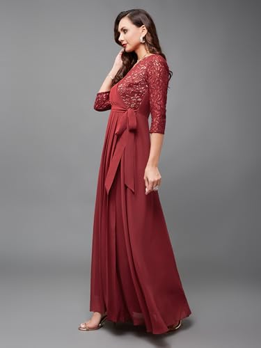 Image of Miss Chase Women's Floral Printed Relaxed Fit V-Neck 3 /4th Sleeve Maxi Dress