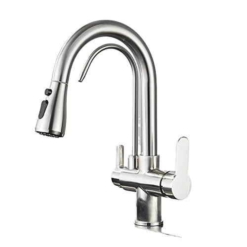 Robinet 3 voies avec eau filtrée et douchette extractible pour cuisine en nickel brossé
