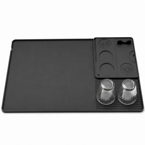 Image of SYINTAO Silicone Slushie Machine Mat with Drying Pad, 23.6 x 15.7 in | Black 2-piece silicone bar mat with raised edge, drain spout and detachable cup organizer for frozen drink and coffee makers
