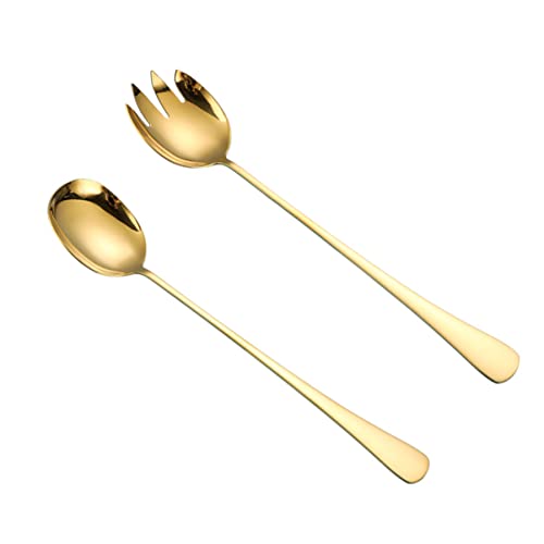 BRIGHTFUFU 2Pcs Golden Stainless Steel Salad Spoon and Fork Flatware for Buffet and Home Use Serving Utensils for Salad and Food Serving
