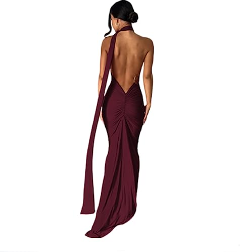Suillty Women's Sexy Oblique Shoulder Backless Maxi Dress Ruched Back Strap Sleeveless Party Club Long Dresses Bodycon2