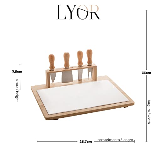 LYOR - Conjunto Bandeja de Bambu e Cerâmica + 4 Peças Para Queijo de Aço Inox Com Cabo de Bambu 33 x