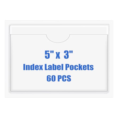 Origin-Joy 60 PCS Self Adhesive Index Card Pockets with Top Open, Clear Plastic Label Holder for Cards of Note, Library and Business, Adhesive Label Pockets & Card Holder (5 x 3 inch) by Origin-Joy - Used condition - US$11.62