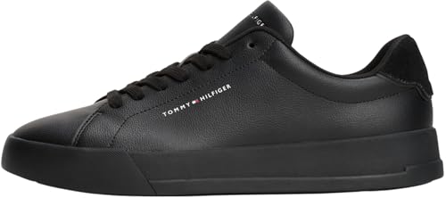 Tommy Hilfiger Herren Court Sneaker Detail Essential aus Leder, Schwarz (Black/Black), 47
