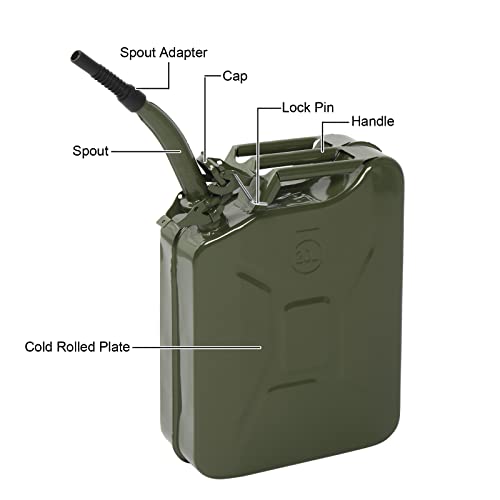 Karlhome 20 Litre 5 Gallon Metal Gas Can Fuel Tank Can Petrol Diesel Storage Can Portable with Spout System, for Automobile Vehicle Off Road Emergency Supply, Green