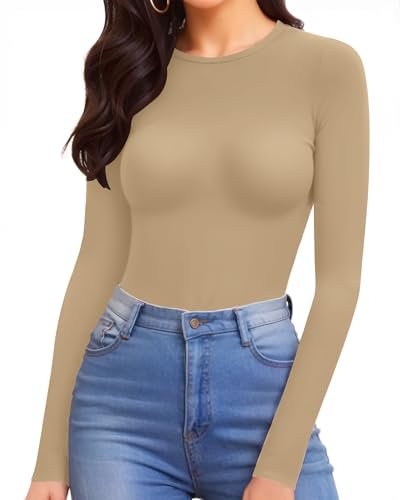 Image of MANGOPOP Womens Bodysuit Long Sleeve Crew Neck Body suit for Women Ribbed Bodysuits Shirts