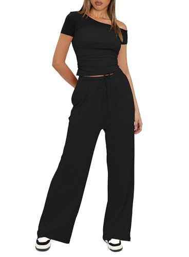 Darong Women's 2 Piece Outfits Lounge Sets Off Shoulder Short Sleeve Tops and High Waisted Wide Leg Pants Tracksuit Sets3