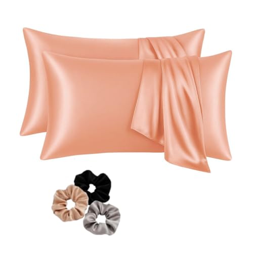Image of Satin Pillow Covers Set of 2 with 3 Free Random Color Hair Scrunchies - Anti-Frizz, Skin-Friendly, Soft & Durable Pillowcase Set for All Hair Types (Coral)