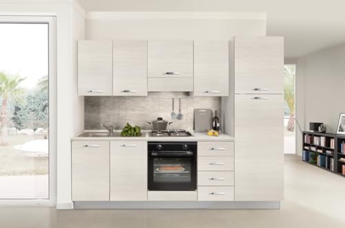 Misura L.255 P.60 H.216 cm Germanvox Cucina Moderna Completa, 255 cm Rovere Bianco Elettrodomestici Inclusi (FRIGO A DESTRA)