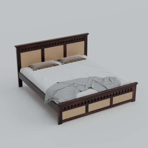 Image of Sheesham Wood King Size Cane Bed Without Storage Wooden Double Cot Palang Furniture for Bedroom Living Room Home Hotel (Walnut Finish) 1 Year Warranty