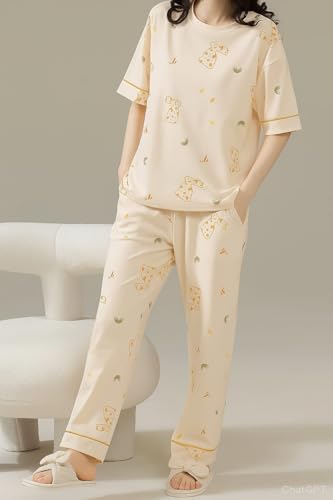 Image of Louis Luxe Womens Korean Night Dress|| Full Pyjama Set || Korean Nightsuit || Women Nightwear ||Round Neck Full Sleeve Nightsuit || Loungewear || Everyday Nightdress (ND-15)