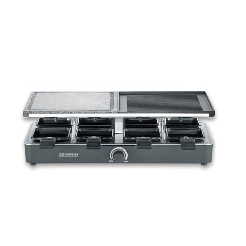 SEVERIN Raclette grill con piedra natural y plancha, grill con parrilla antiadherente y 8 sartenes, parrilla eléctrica para 8 personas, máx. 1400 W, negro, RG 9645