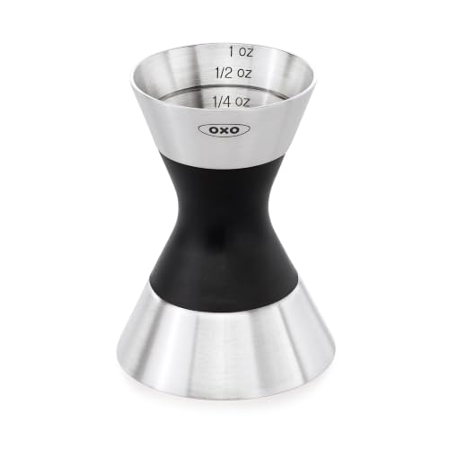 OXO Steel Double Jigger | Two-Sided for Multiple Measures, 1 oz and 1.5 oz Sides, Corrosion-Resistant Steel, Cocktails, Baking, Barware, Bar Set