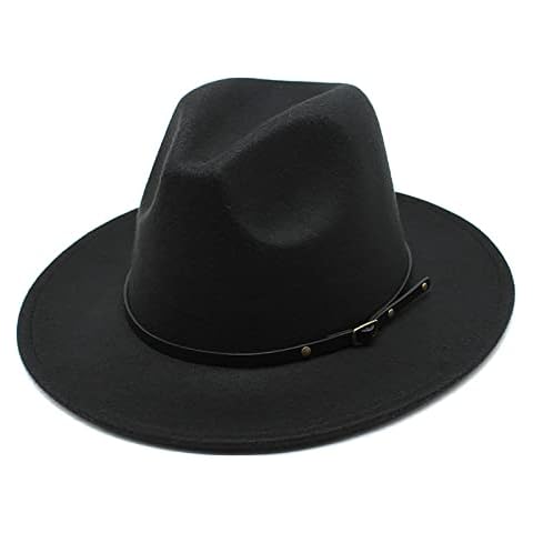 Women Classic Felt Fedora Hat Widet Brim Retro Style Belt Panama Jazz Hat with Belt Buckle (Medium, Black) Cover