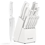 KATISUN 15-Piece Knife Set – White Self-Sharpening Knife Block, Stainless Steel Kitchen Knives with Ergonomic Handles, Including Chef's Knife, Santoku Knife, and More