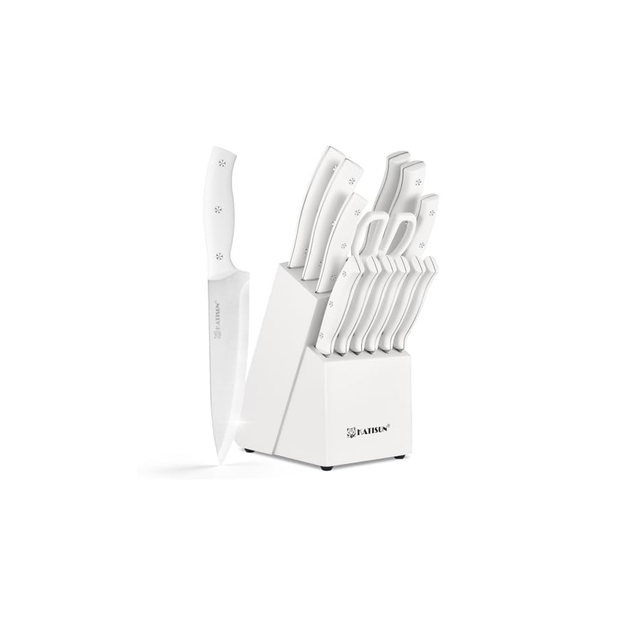 15-Piece White Kitchen Knife Set with Built-in Sharpening Stone, Ergonomic Triple Rivet Fixed Handles, Dishwasher Safe