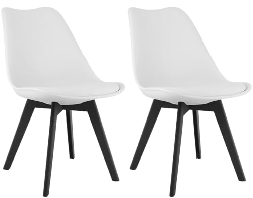 NMK HOME Lot de 2 chaises de Salle à Manger Blanches – Assise en Plastique avec revêtement en Similicuir et Pieds Noirs en polypropylène, Design élégant et...