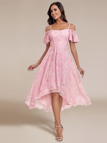 Image of Ever-Pretty Women's Summer Cold Shoulder Hi-Lo Asymmetrical Hem Flowy Chiffon Short Wedding Guest Dress 02103