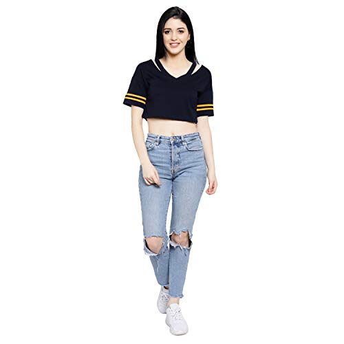 Image of LE BOURGEOIS Women Solid Loose Fit Desiger V-Neck Short Sleeve Dance Party Casul Crop Top