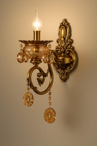 Image of Italian Wall Lamp, Antique Gold Finish, Single Light Wall Lamp with Decorative Crystals with Filament Bulb (Warm White) (Corded Electric, Glass)