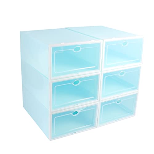 PRETYZOOM 6Pcs Stackable Shoe Storage Box Thicken Transparent Plastic Shoe Container with Door for Easy Viewing for Closet and Entryway Organization Blue with White