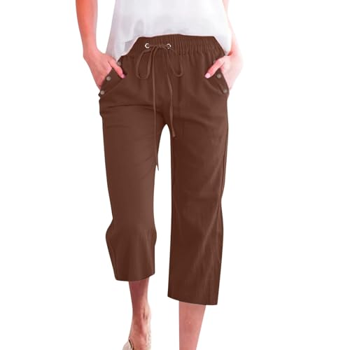 Womens Capri Linen Pants Summer 2025 Casual Drawstring High Waisted Straight Wide Leg Travel Dressy Cropped Trousers