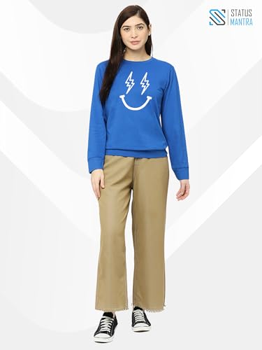 Image of STATUS MANTRA Women's Cotton Round Neck Regular Fit Sweatshirt | Full Sleeves and Smile Printed | Comfort Colour T-Shirt | Available in Multicolor & Size Small to 2XL