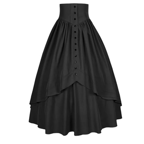 Victorian A Line Skirts Buttons Renaissance High Waisted Tummy Control Long Skirt Layered Flowy Swing Long Skirt