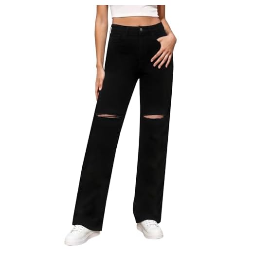 LBDLONGBIDA Jeans feminino cintura alta rasgado perna larga preta reta elástica envelhecida calça jeans folgada, Preto, XGG