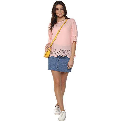 Image of mayra Women's Pink Color 3 /4 Sleeve Laser Cut Out Top