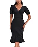 AISIZE Women's Vintage V-Neck Ruffle Hem Cocktail Bodycon Dress Medium Black